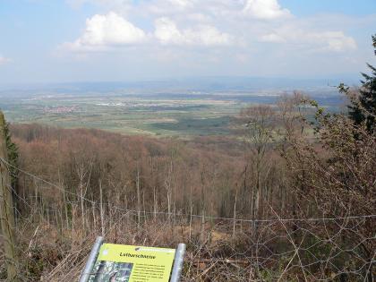 Geo-Pfad Eichstetten – Station Lotharschneise Leicht abwärts gerichteter Blick über eine vom Sturm Lothar 1999 gepflügte Waldschneise. Im Hintergrund folgt eine weite flache Ebene mit zahlreichen Siedlungen.