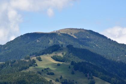 Blick vom Haldenfels nördlich von Tunau zum Belchen Blick von erhöhtem Standort auf einen zum Hintergrund hin aufsteigenden runden Berg. Die Seiten des Berges sind bewaldet, die Kuppe ist kahl. Nur einzelne Bäume sowie Gebäude stehen dort. Die welligen Ausläufer des Berges zeigen ebenfalls Waldlücken.