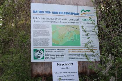 Blick auf eine bebilderte Schautafel an der ersten Station des Naturlehr- und Erlebnispfads Ubstadt-Weiher mit Infos zur Hischhohl sowie einer Übersichtskarte.