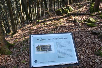 Infotafel am bergbauhistorischen Lehrpfad Birkenberg bei Bollschweil-St. Ulrich  Blick auf einen nach links und zum Hintergrund hin abfallenden, lichten Waldhang. Im Vordergrund erzählt eine Tafel von meist zusammengelegten, mit Küchen und Heizöfen ausgestattete Wohn- und Arbeitsplätze früherer Bergleute.