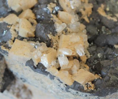 Dolomit-Kristalle (weiß) auf Galenit (bleigrau) aus der Grube Schauinsland Das Bild zeigt in starker Vergrößerung weißliche bis gelbliche Kristalle, die in graues Gestein eingebettet sind.