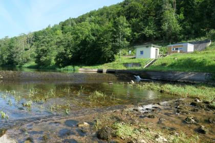 Aufstaubereich und Einlassbauwerk des Umleitungsstollens Immendingen mit einer Fischtreppe (rechts) Blick auf einen Flusslauf mit steinerner Staumauer im hinteren Bildteil und flachem Gewässer im Vordergrund. Das sichtbare rechte Ufer zeigt eine Fischtreppe sowie zwei kleine Bauten entlang eines aufsteigenden Hanges. Der Berg dahinter ist bewaldet.