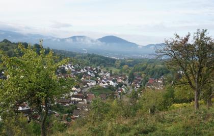 Blick vom Rotliegend-Bergland bei Gaggenau-Michelbach nach Südwesten über das untere Murgtal hinweg zum Merkur bei Baden-Baden Blick von einem steilen, mit Bäumen bestandenen Hang auf eine tiefer liegende Ortschaft. Die Siedlung wird von bewaldeten Hügeln eingerahmt. Im Hintergrund erheben sich bläulich gefärbte, bewaldete Berge.