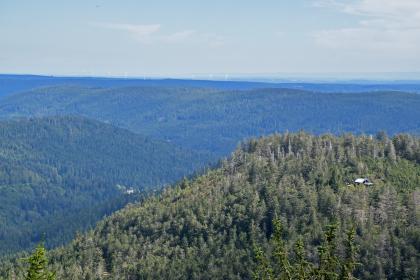 Blick von der Hornisgrinde über den Buntsandstein-Schwarzwald nach Osten Blick aus großer Höhe über mehrere bewaldete, versetzt hintereinander liegende Berge. Auf den fernen Bergketten am Horizont stehen zahlreiche Windräder.
