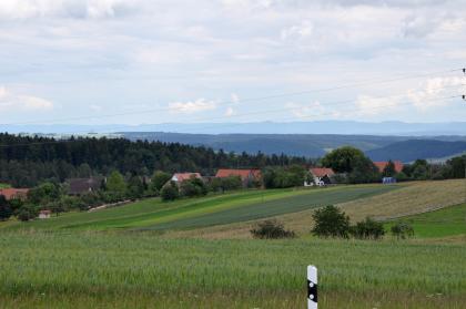 Blick von den Schwarzwaldrandplatten bei Altensteig-Hornberg über das Nagoldtal hinweg nach Südosten – im Hintergrund die Schwäbische Alb Blick über hochgelegene, im Mittelgrund nach links absinkende Landwirtschaftsflächen. Dahinter stehen von Bäumen verdeckte Häuser. Im Hintergrund sind bewaldete Hochflächen und Berge zu sehen.