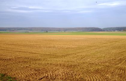 Blick von der Flächenalb bei Altheim (Alb) auf die Geländestufe entlang der Klifflinie Blick über einen weiten rötlich braunen Acker, der am hinteren Rand von Grünflächen abgelöst wird. Im Hintergrund sind langgestreckte, bewaldete Bergrücken zu sehen.