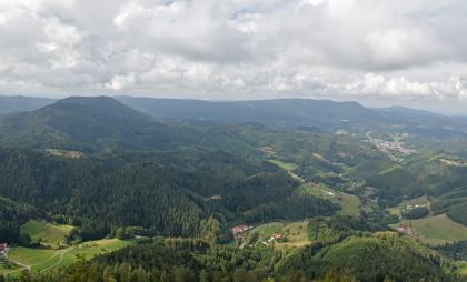 Der Nordschwarzwald im Bereich des oberen Renchtals – Der über dem Grundgebirge liegende Buntsandstein ist an den Hochflächen und abgeflachten Bergen erkennbar. Blick aus großer Höhe auf bewaldete, gerundete Berge. Zwischen ihnen verteilen sich baumlose Flächen mit Siedlungen. Links erhebt sich ein höherer Berg mit abgeflachter Spitze. Rechts im Hintergrund sind weitere bewaldete Bergrücken erkennbar.