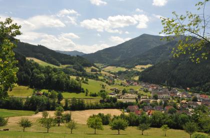 Blick nach Süden über Altsimonswald in das Simonswälder Tal und zum Hornkopf (1121 m ü. NHN) Blick von erhöhtem Aussichtspunkt über eine sich rechts ausbreitende Ortschaft mit Bäumen, Wiesen und Feldern im Vordergrund. Zum Hintergrund hin verläuft ein Taleinschnitt mit beidseitig aufsteigenden, teils völlig mit Wald bedeckten Berghängen.