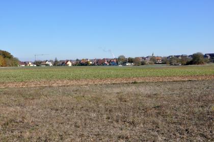 Rheinaue und Hochgestade bei Neuenburg-Grißheim Leicht aufwärts gerichteter Blick über verschiedene Ackerflächen auf eine im Hintergrund ausgebreitete Siedlung unter wolkenlosem Himmel.