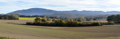 Blick vom Lösshügelland östlich von Bad Bellingen nach Osten zum Südschwarzwald. Dazwischen liegen die bewaldeten, nordwestlich von Kandern gelegenen Vorberge. Im Mittelpunkt des Panoramabildes steht eine bewaldete, von Äckern umgebene längliche Senke. Im Hintergrund bewaldete Hügel und Berge, mit der höchsten Erhebung links der Bildmitte.
