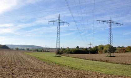 Lösshügelland südöstlich von Bad Bellingen mit schmaler Bachaue am Oberlauf des Haselbachs Blick auf zwei sich im Mittelgrund und einen sich im Hintergrund befindenden Strommasten, welche auf braunen und begrünten Feldern stehen. Im Hintergrund befindet sich eine Baumgruppe.
