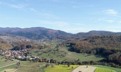Blick über die Vorbergzone bei Kandern-Riedlingen nach Osten zum Südschwarzwald Von hoch oben blickt man über eine hügelige Landschaft mit Feldern, Wiesen, großen Waldflächen rechts und zwei Siedlungen links im Bild. Im Hintergrund bewaldete Berge.