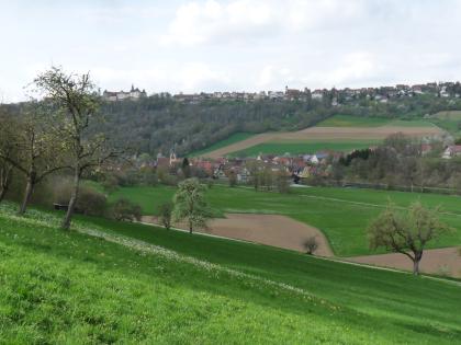 Jagsttal bei Langenburg Der Blick geht über eine nach unten hin abfallende grüne Wiese über ein bewirtschaftetes Tal, an das sich ein wieder ansteigender, teils bewaldeter Hang anschließt. Im Mittelgrund sowie auf der Anhöhe liegen Ortschaften, hinten links auch ein Schloss..
