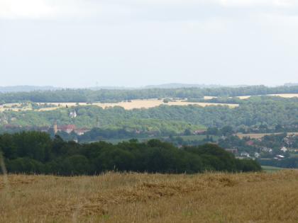 Hohenloher Ebene und Jagsttal bei Kirchberg an der Jagst Hinter einem erhöhten braunen Getreidefeld und einem dunklen Waldstreifen zeigt sich eine tiefer liegende, weite Landschaft. Neben einer größeren Ansiedlung wechseln sich weitere Waldflächen und Getreidefelder ab.