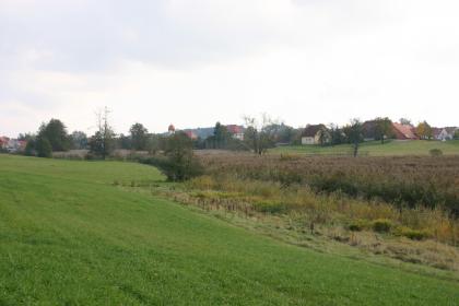 Das Rotachtal bei Wört (Ostalbkreis) An eine leicht nach rechts geneigte Wiese schließt sich ein zum Vordergrund hin breiter Streifen aus Schilf und Riedgräsern an. Dahinter, auf wieder leicht ansteigendem Gelände, verteilt sich eine Ortschaft.