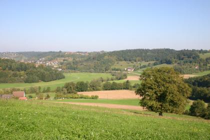 Blick vom Kransberg ins Kochertal bis Sulzbach am Kocher (Lkr. Schwäbisch Hall) Um eine kleine Waldzunge links schlingt sich eine Grünfläche, an die sich nach rechts hin Baumstreifen und Äcker anschließen. Dahinter ziehen sich teils bewaldete, teils besiedelte Hügel, während sich zum Vordergrund hin eine Wiese erstreckt.