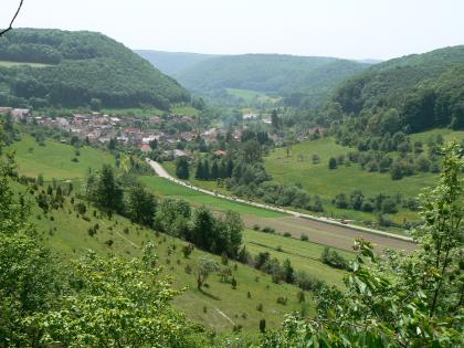 Blick von Norden in ein Seitental der Fils bei Bad Ditzenbach-Auendorf Von oben blickt man über steile, mit Hecken und Bäumen bewachsene Hänge auf ein überwiegend grünes Tal mit Viehweiden, aber auch Äckern. Links hinten, unter einem bewaldeten Hang, liegt eine Ortschaft. Mittig und rechts schließen sich weitere Hänge an.