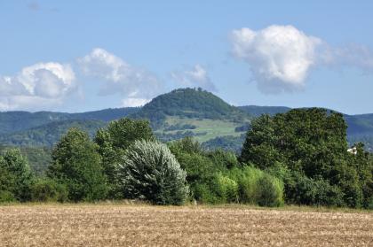 Die Achalm bei Reutlingen – ein vor dem Albtrauf gelegener Zeugenberg Im Bildmittelpunkt liegt hier ein oben abgerundeter, bewaldeter Berg. Dahinter erstreckt sich eine bewaldete Bergkette. Im Vordergrund unterschiedlich hohe Bäume sowie ein stoppeliger Acker.