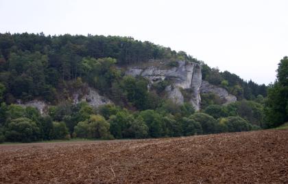 Oberes Donautal bei Inzigkofen Von einem leicht nach rechts ansteigenden braunen Acker im Vordergrund geht der Blick zu einer bewaldeten Anhöhe, aus der sich wie ein riesiger Keil ein grauer, von Rissen und Spalten durchzogener Felsen hervorschiebt.
