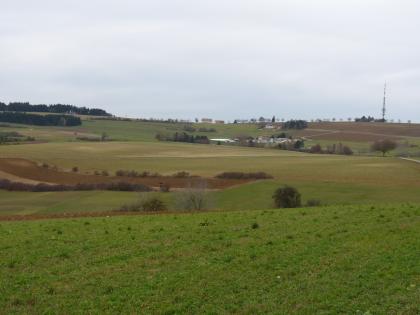 Blick von Südosten zum Höhenrücken des Witthohs bei Emmingen-Liptingen Das Bild zeigt eine zum Horizont hin ansteigende, gewellte Nutzlandschaft mit einer kahlen Erhebung rechts und einer bewaldeten Kuppe links.