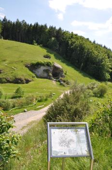 Brudertal östlich von Engen Das Bild zeigt einen steilen, nach links aufsteigenden Wiesenhang, dessen Rand von Wald begrenzt wird. In der Hangmitte liegt eine prägnante Felsformation. Fußwege führen am Hang entlang und hinauf. Im Vordergrund steht eine Schautafel.