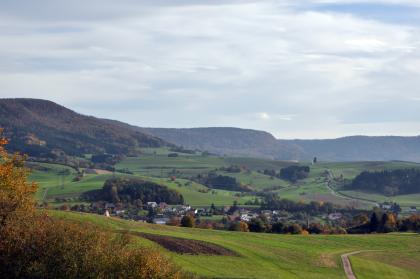 Übergang vom Wutachgebiet zum Hohen Randen bei Blumberg-Fützen Über wellige, teilweise begrünte Äcker blickt man zuerst auf eine in einer Senke liegende Ortschaft. Dahinter steigt eine ebenfalls sehr wellige Mischlandschaft aus Äckern und Waldflächen wieder an. Links und im Hintergrund erheben sich Höhenzüge.