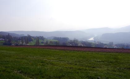 Blick vom Südrand des Kleinen Randens bei Hohentengen-Lienheim zum Hochrhein Über erhöht liegende Wiesen- und Ackerstreifen blickt man auf eine bewaldete, rechts in Dunst gehüllte Landschaft mit Fluss und Höhenzügen.