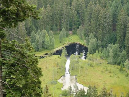 Das Ellbachsee-Kar südwestlich von Baiersbronn Aus großer Höhe blickt man auf einen kleinen See, in dem sich der ihn umgebende Nadelwald spiegelt. Es gibt nur noch eine kleine freie Wasserfläche. Ein großer Teil des Sees ist zu Sumpf und Moor geworden, mit hellgrüner Pflanzendecke.