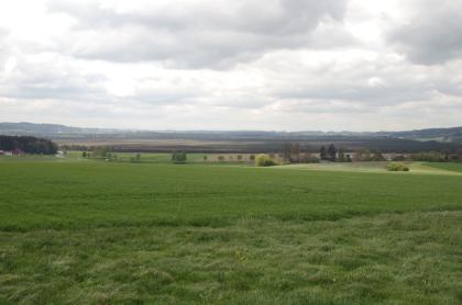Blick aus nordöstlicher Richtung in das Becken von Bad Wurzach Über eine flache grüne Wiesenlandschaft blickt man in ein tiefer gelegenes, von Wald eingerahmtes Moorgebiet. Im Hintergrund steigt das Gelände wieder an.