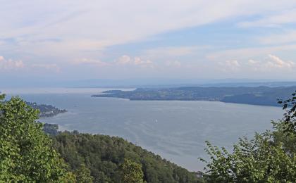Blick vom Aussichtspunkt beim Haldenhof nordwestlich von Sipplingen über den Überlinger See und den Bodanrück Blick aus großer Höhe über Baumwipfel und bewaldete Bergrücken auf das nordwestliche Ende des Bodensees bei Sipplingen. Links am Bildrand ist eine kleine Bucht erkennbar. Rechts bildet ein langer bewaldeter Bergrücken das jenseitige Ufer des Sees.