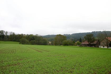 Bergland nordöstlich des Höchsten bei Pfullendorf-Illwangen Blick auf bepflanzte Äcker, ein Gehöft rechts und Baumstreifen. Im Hintergrund bewaldete Höhenrücken.
