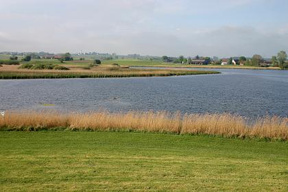 Blick über den Rohrsee bei Bad Wurzach auf flache Moränenhügel und Terrassenflächen mit Schmelzwasserschotter am Südrand der Haidgauer Heide. Blick über einen länglichen See. Die mit Schilf bewachsenen Ufer ragen links bis in den See hinein. Im Hintergrund sind hügelige Wiesen sowie mehrere Siedlungen zu erkennen.