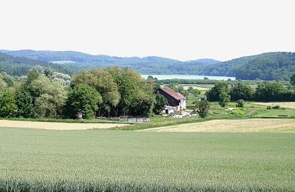 Der Mindelsee zwischen Radolfzell-Markelfingen und -Möggingen Blick auf einen von bewaldeten Bergrücken und Wald umgebenen See. Im Vordergrund befinden sich Bäume, ein Gehöft sowie bepflanzte Äcker.