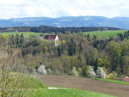 Das Argental bei Schloss Achberg Blick auf eine terrassierte, zum Hintergrund hin hügelige Landschaft. Aus dichtem Wald im Mittelgrund ragt ein einzelnes Gebäude hervor. In der Ferne sind bewaldete Höhenzüge erkennbar.