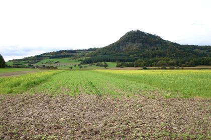 Im Mittelpunkt der Aufnahme steht rechts im Hintergrund ein pyramidenförmiger, bewaldeter Berg. Links davon sind teilweise bewaldete Hangausläufer zu sehen. Zum Vordergrund hin ziehen sich flache, teils begrünte und blühende Äcker.