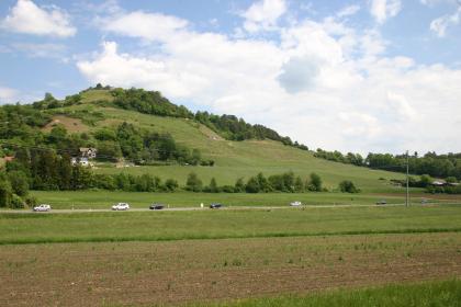 Reben und Trockenrasen am Hohentwiel Blick über Ackerflächen, Reben und eine Straße auf einen vereinzelt bewaldeten, von einer Burg gekrönten Hügel.