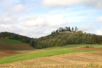 Der Mägdeberg Hinter wellenförmig geformten, hügeligen Äckern und Wiesen im Vordergrund erhebt sich ein bewaldeter, flacher Berg mit einer Burgruine.