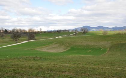 Verkarstete Dinkelberg-Hochfläche bei Wehr-Öflingen mit zahlreichen Dolinen und Karstsenken Blick auf nach innen gewölbte Wiesenhänge mit Wegen und kahlen Stellen im Mittelgrund. Links am Bildrand sind trichterförmige, von Bäumen umstandene Vertiefungen. Rechts im Hintergrund liegt eine Bergkette.