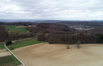 Blick vom Dinkelberg bei Grenzach-Wyhlen-Rührberg nach Westnordwesten zum Tüllinger Berg und in die Rheinebene Von hoch oben schaut man auf eine hügelige Landschaft mit hellbraunen bis rötlich braunen Ackerflächen im Vordergrund sowie daran anschließende Wiesen und Wälder. Rechts im Hintergrund liegt, von Wald umgeben, eine kleine Ortschaft.