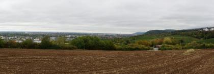 Die Bergstraße südlich von Heidelberg Panoramaansicht von abgeernteten, rötlich braunen Äckern vor bewaldeten, zum Teil mit Rebhängen durchsetzten Hochflächen. Im Hintergrund sind größere Siedlungen erkennbar, rechts vor bewaldeten Bergen, links auf einer weiten Ebene.
