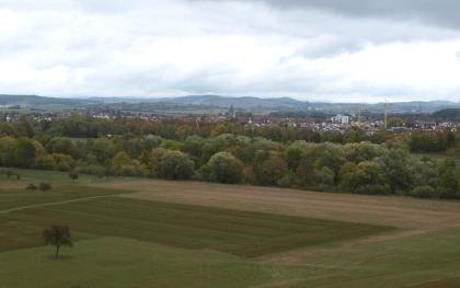 Blick über die Neckaraue auf Pleidelsheim – im Hintergrund das teilweise bewaldete Gipskeuper-Hügelland und die Keuper-Schichtstufe mit dem Ausliegerberg des Benning Von erhöhtem Standort blickt man bei gedämpftem Licht über Ackerflächen im Vordergrund sowie Waldstreifen dahinter. Weiter entfernt ist eine Siedlung erkennbar sowie bewaldete Höhen.