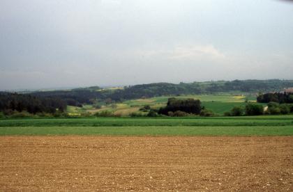 Muschelkalk-Landschaft bei Horb-Altheim Hinter einem hochliegenden, flachen braunen Acker und einer sich von links nach rechts ziehenden Vertiefung zwischen zwei Grünflächen zeigt sich eine grüne und braune Hügellandschaft mit bewaldeten Höhen.