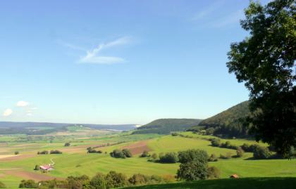 Blick vom Fürstenberg nach Nordosten zum Wartenberg Das Bild zeigt einen weiten Blick auf zwei bewaldete Hügelkuppen rechts und welliges Grün- und Ackerland unterhalb der Hänge und links. Im Hintergrund sind weitere Hügel und Höhenzüge erkennbar; mittig auch ein Steinbruch.