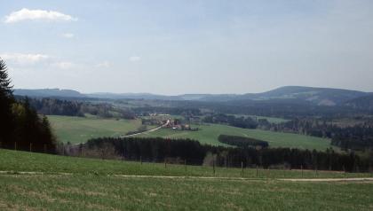 Blick vom Wutachgebiet bei Bonndorf-Gündelwangen zum Schwarzwald nach Westnordwesten Über einer erhöht liegenden Wiese und einen darunter angrenzenden Waldstreifen blickt man auf eine nach rechts geneigte grüne Ebene mit einer Siedlung im Mittelgrund. Dahinter folgen weitere Waldstreifen und zuletzt bewaldete Höhenzüge.