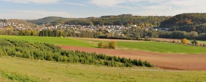 Übergang vom Odenwald zum Bauland – Blick nach Osten über das Elztal bei Dallau Im Vordergrund blickt man auf einen flachen, aus Äckern und einer Baumschule bestehenden Gleithang. Dahinter reihen sich eine ausgedehnte Siedlung sowie mehrere bewaldete Hänge aneinander.