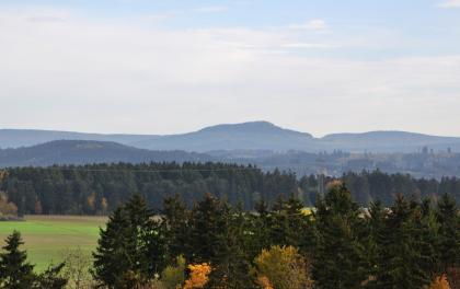 Vom Aussichtsturm bei Villingen geht der Blick nach Ostsüdosten zum Lupfen, einem Ausliegerberg der Baaralb Blick über die Wipfel von Nadelbäumen. Links zeigt sich in einer Lücke eine dahinter liegende flache Wiese mit Ackerflächen. Darauf folgen Waldstreifen sowie flache und höhere bewaldete Berge.