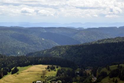 Blick vom Hochkopfturm nach Süden über die Hochflächen des Hotzenwalds und das tief eingeschnittene Wehratal Von erhöhtem Standort aus blickt man auf eine nach rechts ansteigende Hochfläche, die teils bewaldet, teils bewirtschaftet ist. Zum Hintergrund hin erstrecken sich bewaldete Berge mit runden Rücken.