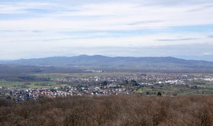 Blick vom Eichbergturm nach Westen zum Kaiserstuhl Blick von erhöhtem Standort über Baumspitzen auf eine teils terrassierte, dicht besiedelte Ebene. Im Hintergrund sind bewaldete Hügel und Berge, noch weiter dahinter Berge mit Schneeresten zu erkennen.