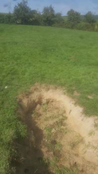 Linienförmiger Erdfall Im Vordergrund dieses Bildes ist ein linienförmiger Erdfall mit ovalem Ende zu sehen. Die links stärker ausgeprägte, hellbraune bis dunkelbraune Bodenvertiefung befindet sich auf einer Wiese.