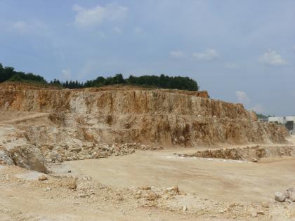 Intensiv verkarsteter Kalkstein Blick von der Seite in einen Steinbruch aus hellem, stark verkarstetem und dunkel angewittertem Kalkstein, welcher in mehreren Sohlen abgebaut wird. Über dem Steinbruch im Hintergrund befindet sich Wald, der Himmel ist intensiv blau.